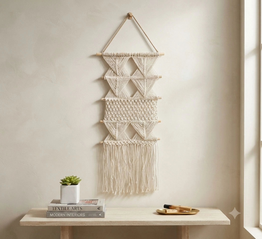 Handmade Multi-Tiered Geometric Macrame Wall Hanging – Woven Cotton Tapestry with Wooden Dowels & Tassel Fringe for Boho Home Decor